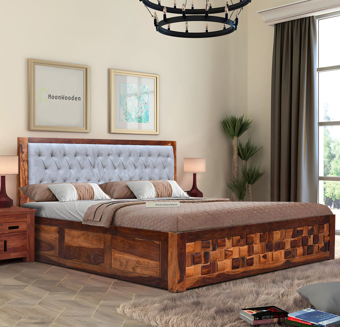 MoonWooden Solid Sheesham Wood King Size Double Bed | Cot Bed with Box Storage & Grey Upholstered Cushioned Headboard for Bedroom
