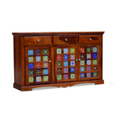 MoonWooden Teak Wood Sideboard Tv Cabinet for Living Room | Kitchen Storage Free Standing Movable Tv Unit Side Board Table With 3 Drawers, Door Cabinet & Shelf Storage Furniture for Home | Solid Wood, (Honey Finish)