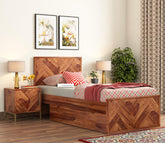 MoonWooden Solid Sheesham Wood Single Bed with Drawer Storage - Elegant and Functional Bedroom Furniture (Honey Finish)