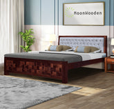 MoonWooden Solid Sheesham Wood King Size Bed Without Storage | Wooden Double Bed Cot Bed & Greyish Upholstered Cushioned Headboard for Bedroom | Honey Finish