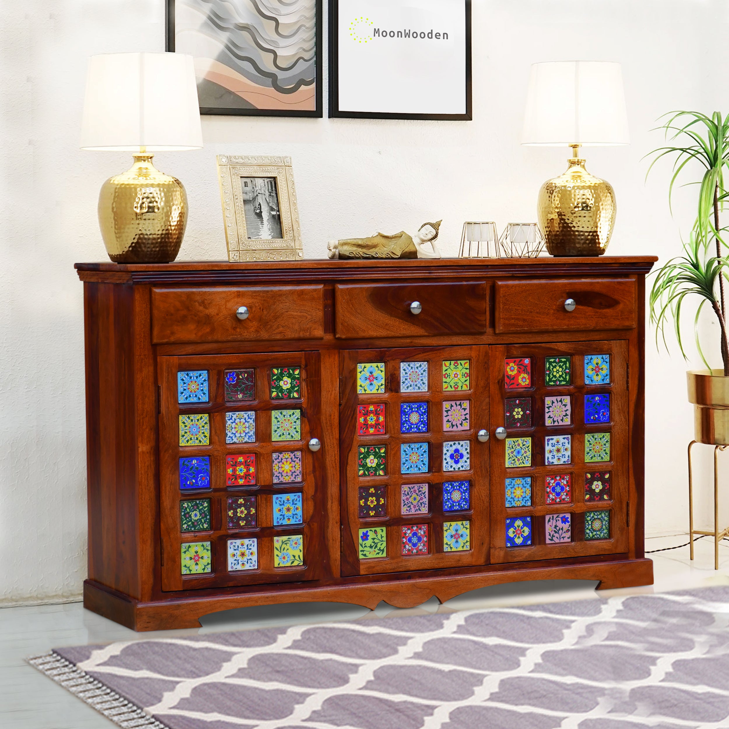 MoonWooden Sheesham Wood Sideboard Tv Cabinet for Living Room Kitche