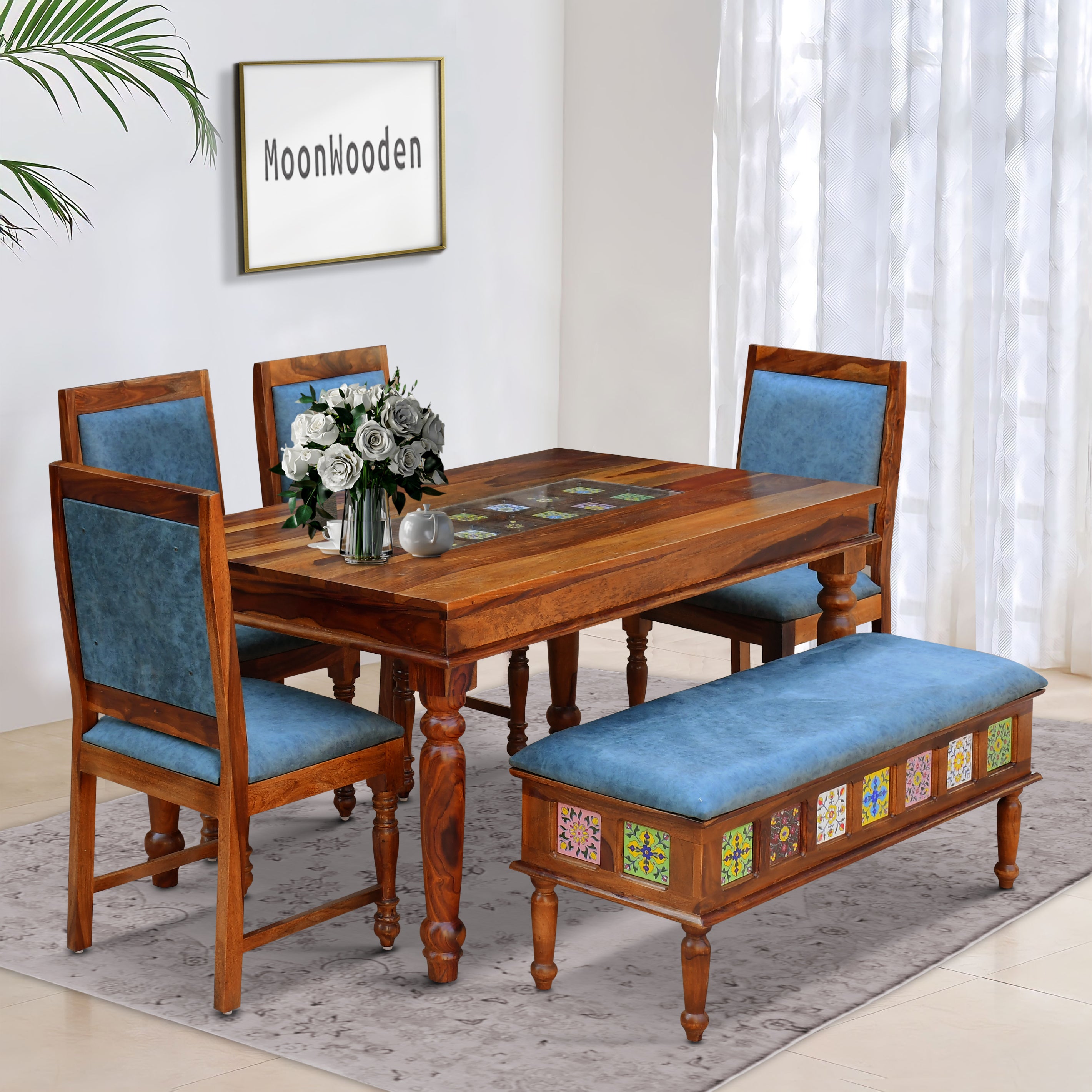 MoonWooden Sheesham Wooden Dining Table Seater with Cushion Chair|So