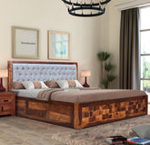 MoonWooden Solid Sheesham Wood King Size Double Bed | Cot Bed with Box Storage & Grey Upholstered Cushioned Headboard for Bedroom | Honey Finish