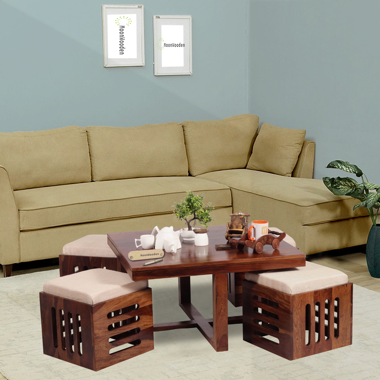 MoonWooden Contemporary Coffee Table,Wood Coffee Table with Stools f