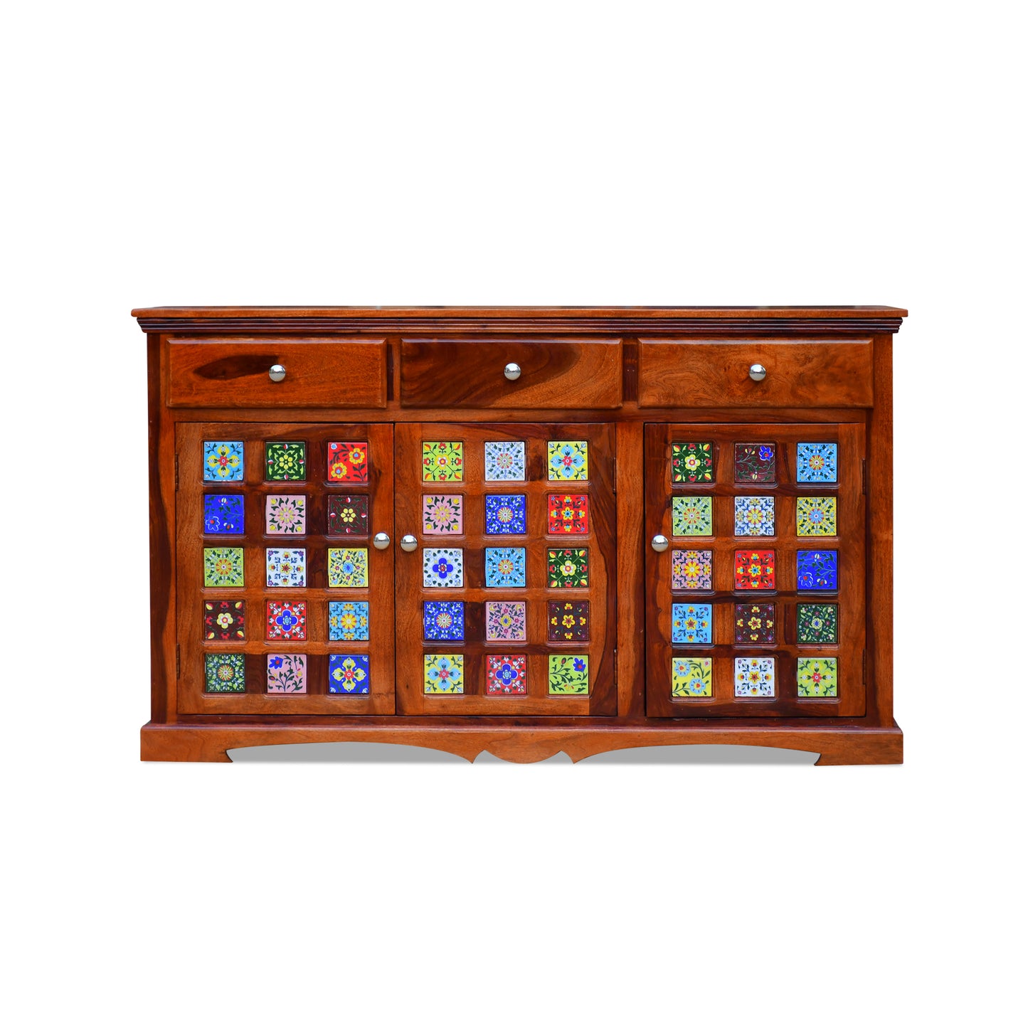 MoonWooden Sheesham Wood Sideboard Tv Cabinet for Living Room | Kitchen Storage Free Standing Movable Tv Unit Side Board Table With 3 Drawers, Door Cabinet & Shelf Storage Furniture for Home | Solid Wood, (Honey Finish)