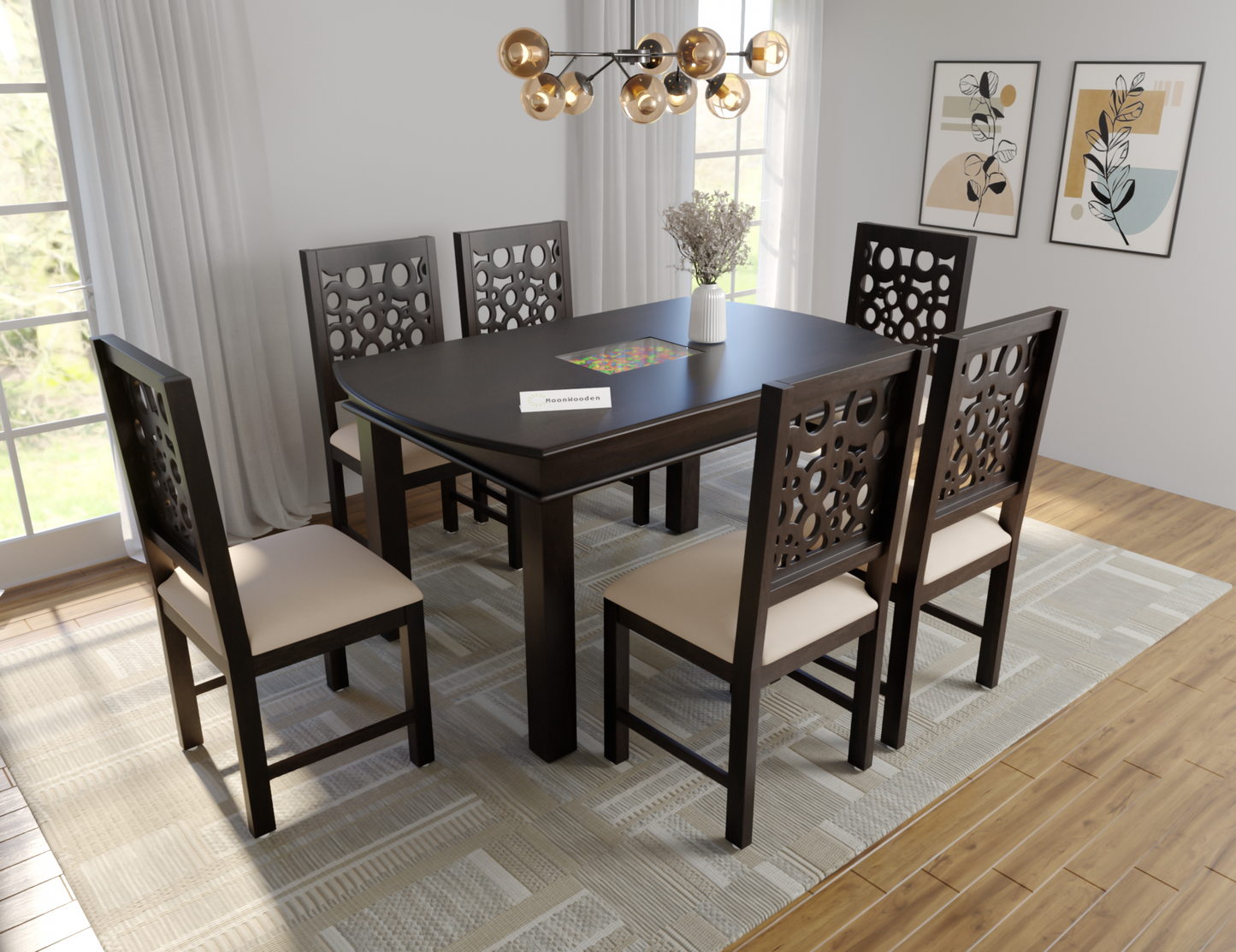 MoonWooden Sheesham Wooden Dining Table 6 Seater | Six Seater Dinning Table with 6 Chairs for Home | Dining Room Sets for Restraunts |Top Round Degine| Sheesham Wood, Dark Walnut