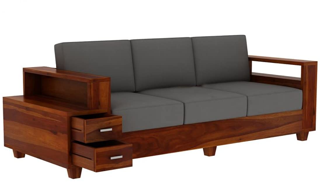 Moonwooden Sheesham Wood Sofa Set 3 Seater with 2 Drawer Wooden Sofa Set for Living Room Home Office (Honey Finish)