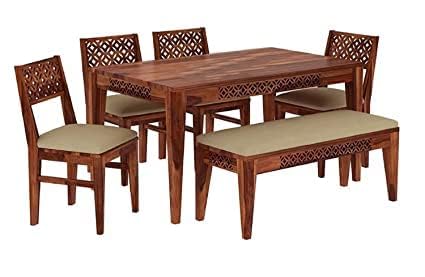 MoonWooden Sheesham Wood Dining Table 6 Seater | Wooden Six Seater Dinning Table with 4 Chairs and Bench for Home | Dining Room Sets for Restraunts | Sheesham Wood, Provincial Honey Finish