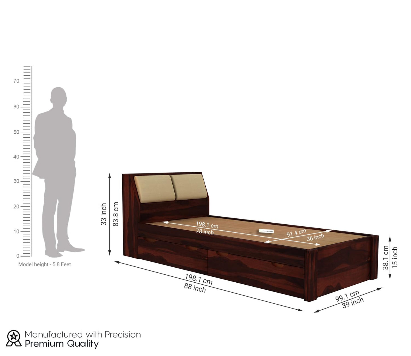 MoonWooden Solid Sheesham Wood Single Bed with Drawer Storage - Elegant and Functional Bedroom Furniture (Walnut Finish)