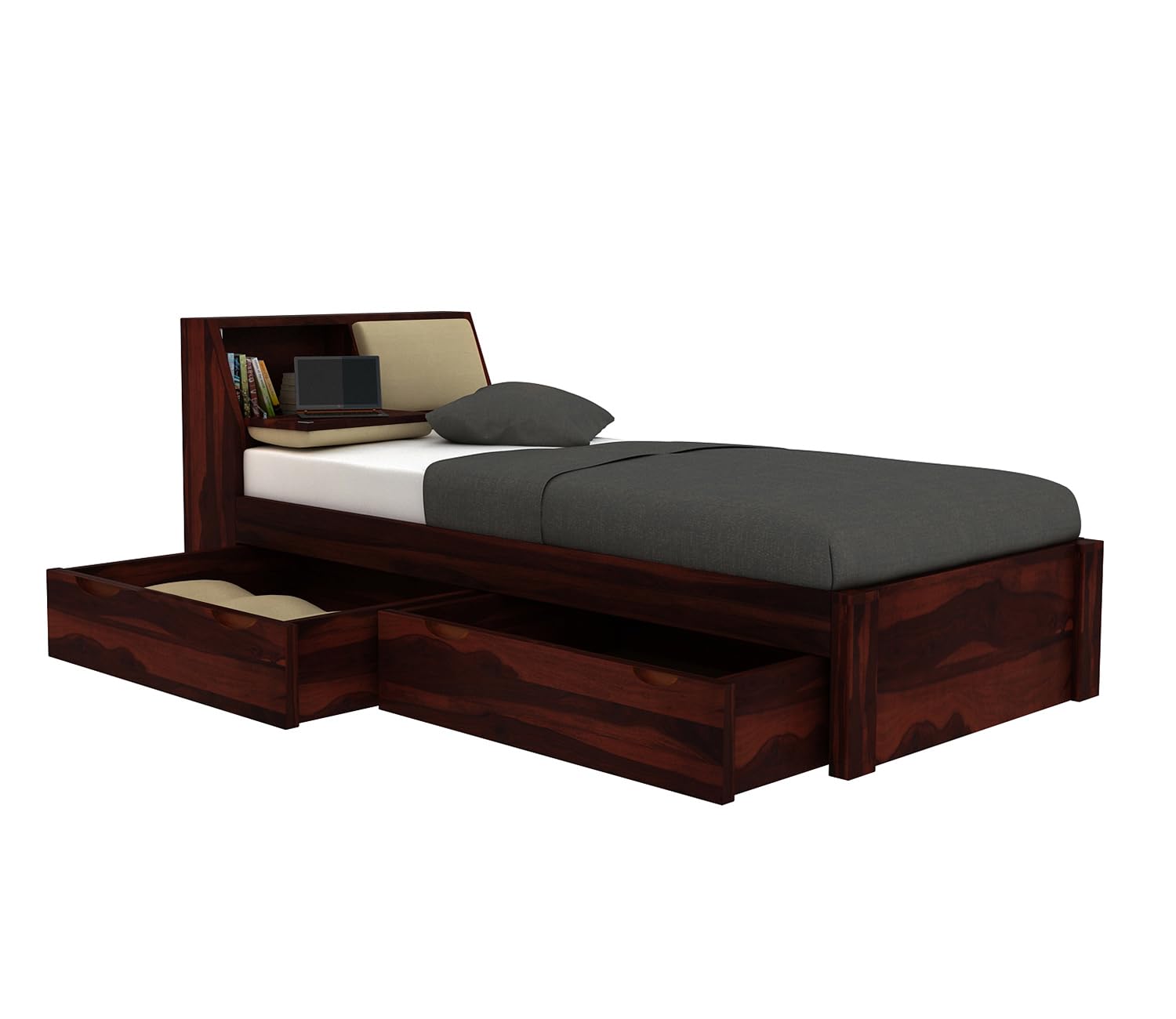 MoonWooden Solid Sheesham Wood Single Bed with Drawer Storage - Elegant and Functional Bedroom Furniture (Walnut Finish)