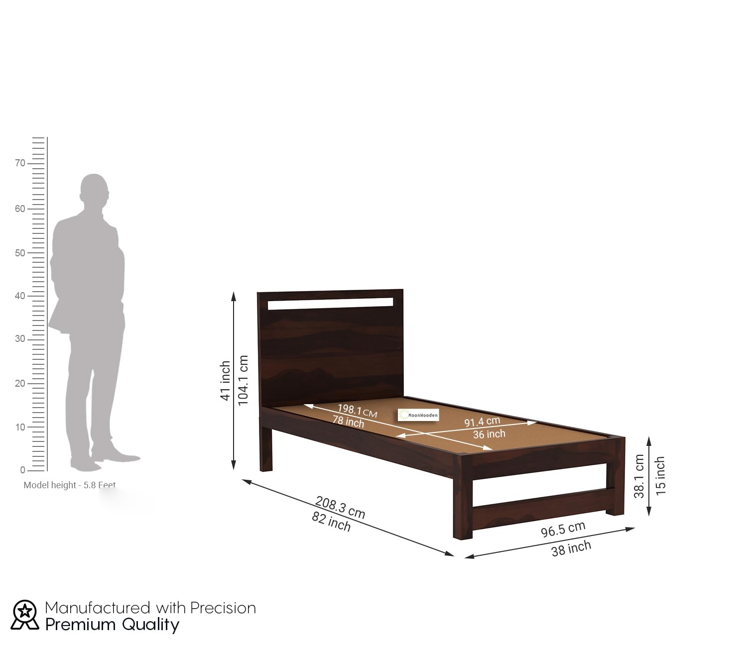 MoonWooden Sheesham Wood Single Size Bed Without Storage for Bedroom Living Room Home Wooden Palang for Hotel (Walnut Finish)