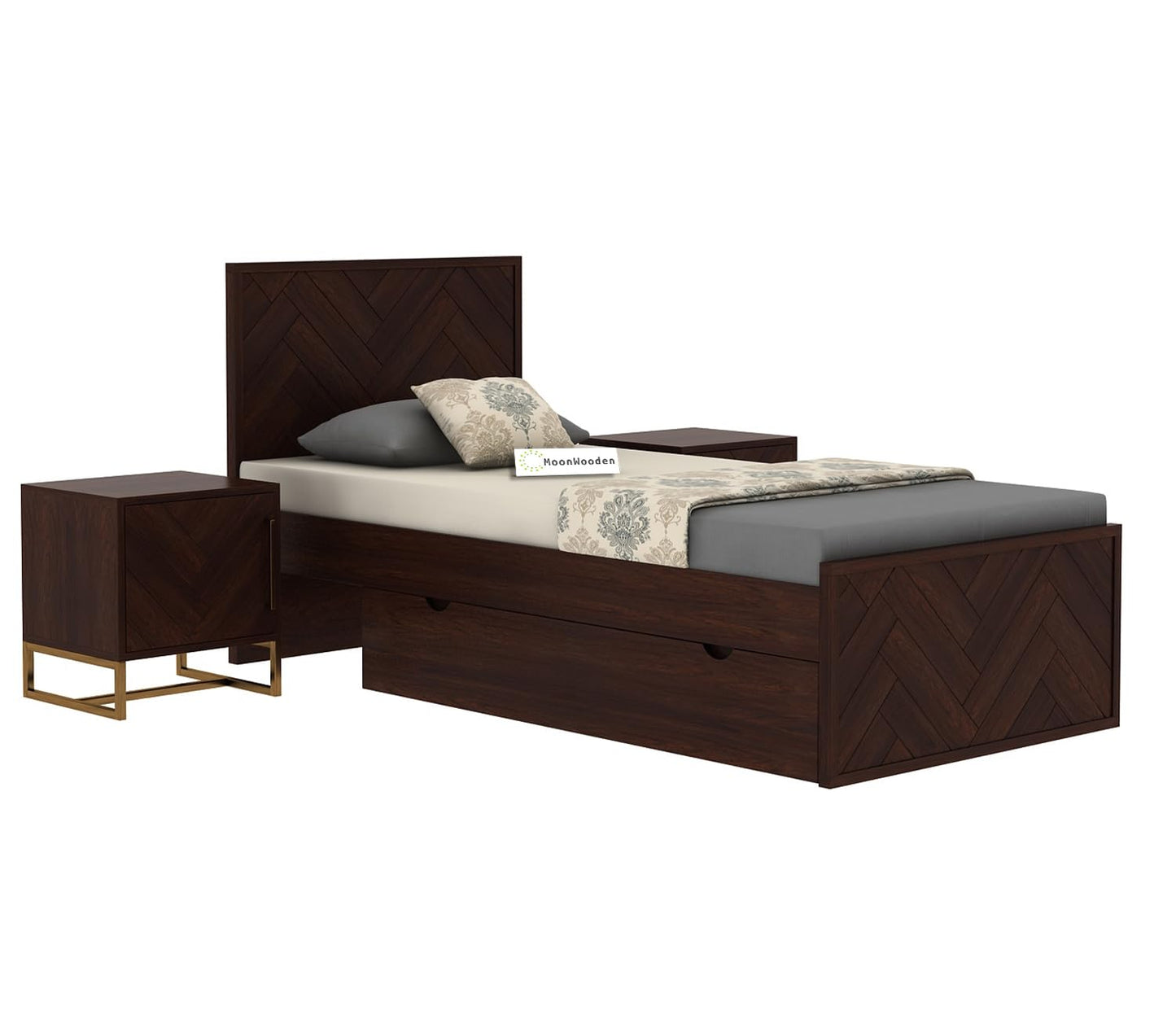 MoonWooden Solid Sheesham Wood Single Bed with Drawer Storage - Elegant and Functional Bedroom Furniture - Walnut Finish