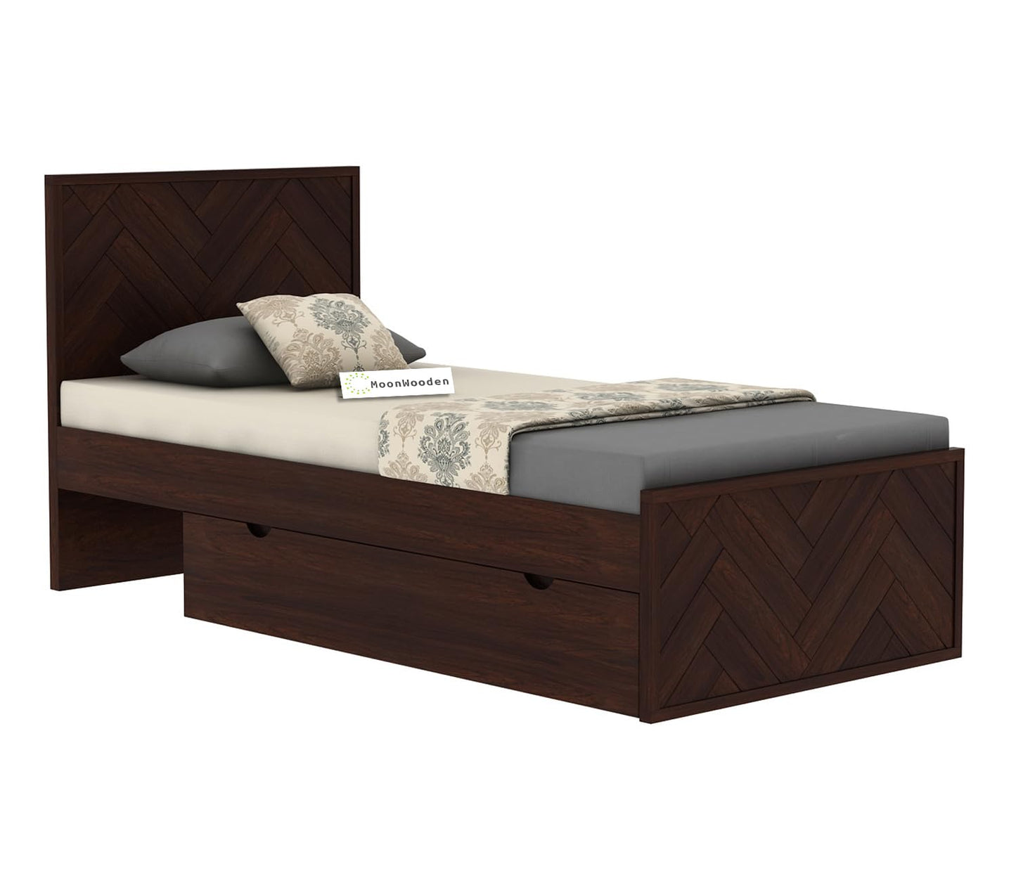 MoonWooden Solid Sheesham Wood Single Bed with Drawer Storage - Elegant and Functional Bedroom Furniture - Walnut Finish