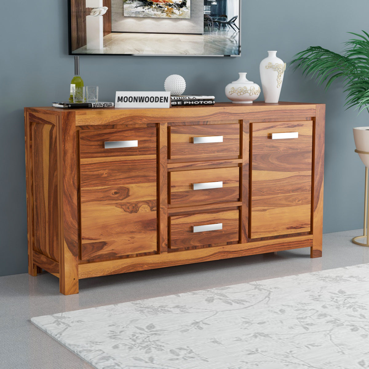 MoonWooden Sheesham Wood Sideboard Tv Cabinet for Living Room | Kitchen Storage Standing Movable Tv Unit Side Board Table with 3 Drawers, Door Cabinet & Shelf Storage Furniture for Home | Solid Wood