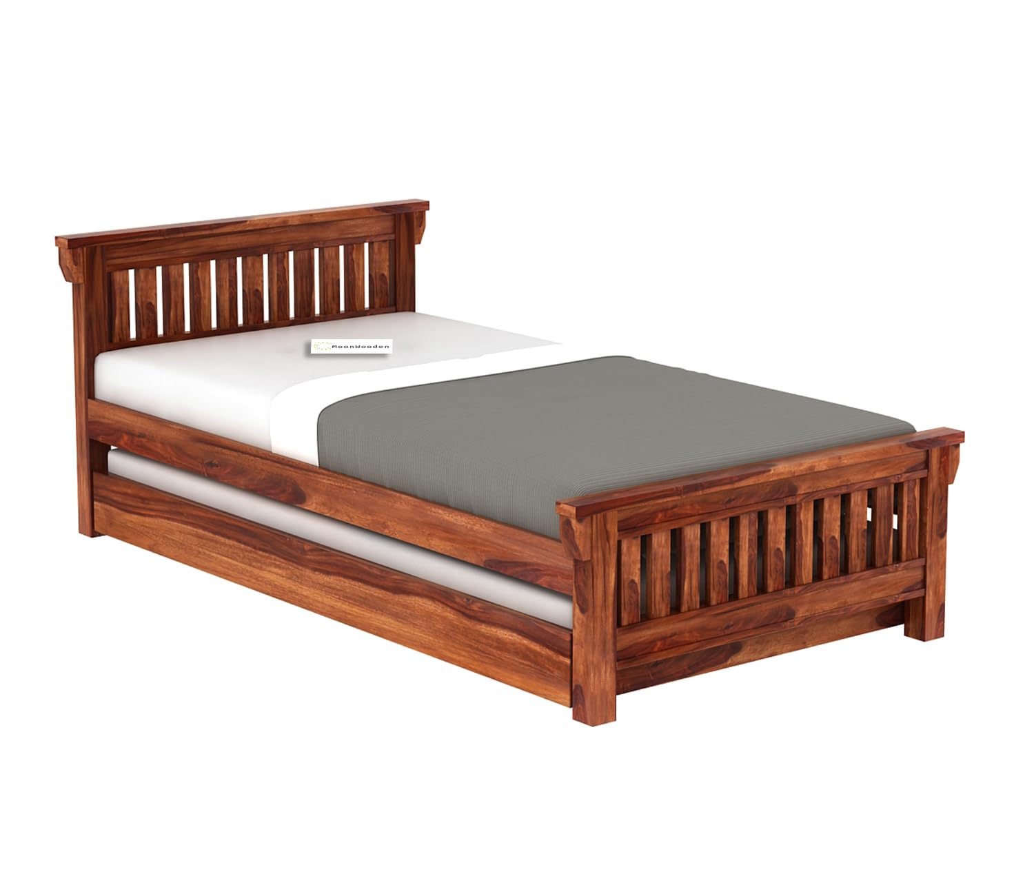 MoonWooden Solid Sheesham Wood Single Bed with Drawer Storage - Elegant and Functional Bedroom Furniture (Honey Finish)