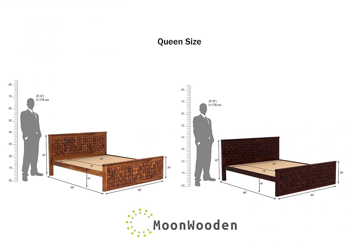 MoonWooden Sheesham Wood Bed Without Storage Wooden Double Bed Cot Bed Furniture for Bedroom Living Room Home (Model-2, Queen)
