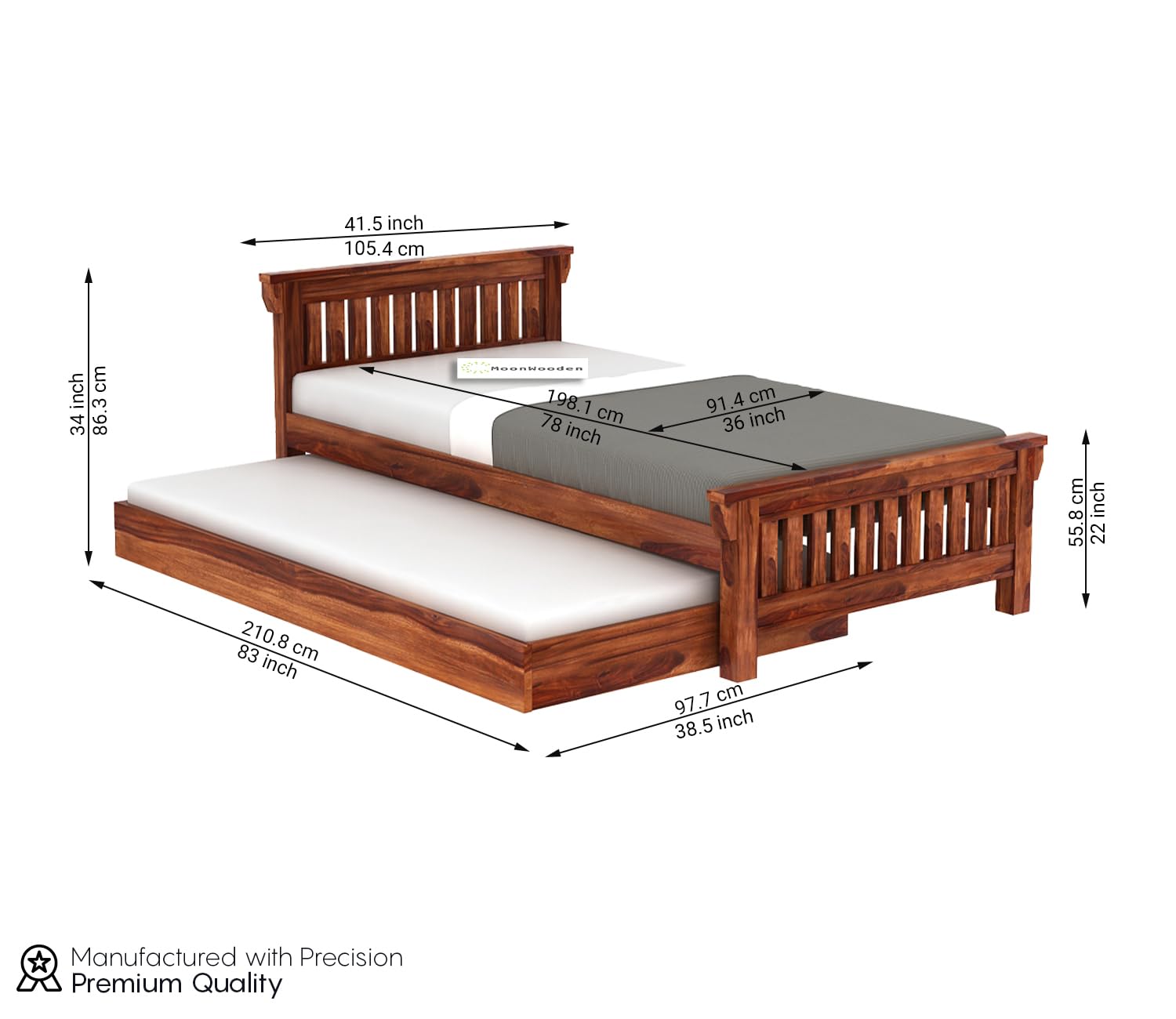 MoonWooden Solid Sheesham Wood Single Bed with Drawer Storage - Elegant and Functional Bedroom Furniture (Honey Finish)