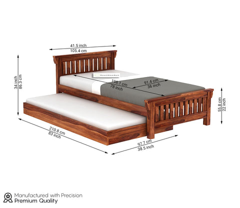 MoonWooden Solid Sheesham Wood Single Bed with Drawer Storage - Elegant and Functional Bedroom Furniture (Honey Finish)