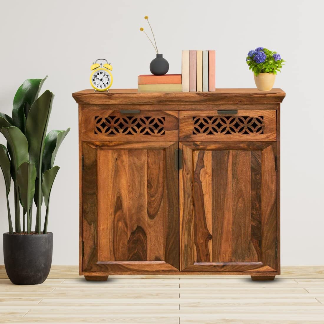 MoonWooden Solid Sheesham Wood Sideboard Tv Cabinet for Living Room | Free Standing Movable Tv Unit Side Board Table with 2 Drawer & 2 Door Cabinet Storage Furniture for Home | Teak Finish