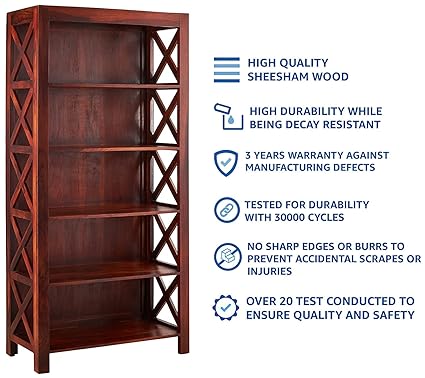 MoonWooden Solid Sheesham Wooden Bookshelf | Book Shelf Cabinet for Home & Office Living Room with Honey Finish