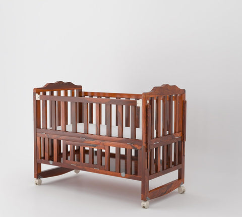 MoonWooden Solid Sheesham Wood Wooden Baby Cot Extendable Swinging Bed | Soft Padded Mattress with 360 Rotation for 0-4 Years Kids | Multi-Feature Baby Bed with Extra Storage Space | Attach to Parent