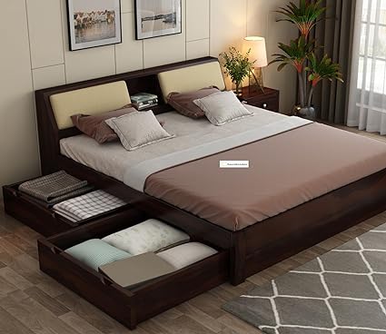 MoonWooden Dolvi Solid Sheesham Wood King Size Bed with Storage | Wooden Double Bed Cot Bed with Box Storage & Matt Beige Mink Velvet Upholstered Cushioned Headboard for Bedroom Walnut Finish