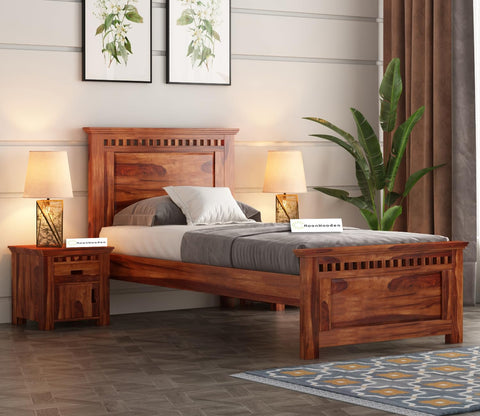 MoonWooden Sheesham Wood Single Size Bed Without Storage for Bedroom Living Room Home Wooden Palang for Hotel (Brown Finish)