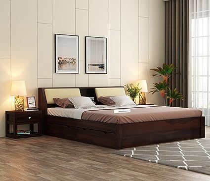 MoonWooden Dolvi Solid Sheesham Wood King Size Bed with Storage | Wooden Double Bed Cot Bed with Box Storage & Matt Beige Mink Velvet Upholstered Cushioned Headboard for Bedroom Walnut Finish