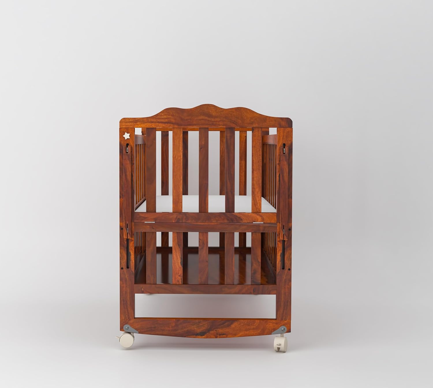 MoonWooden Solid Sheesham Wood Wooden Baby Cot Extendable Swinging Bed | Soft Padded Mattress with 360 Rotation for 0-4 Years Kids | Multi-Feature Baby Bed with Extra Storage Space | Attach to Parent