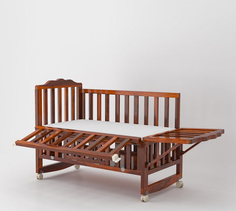 MoonWooden Solid Sheesham Wood Wooden Baby Cot Extendable Swinging Bed | Soft Padded Mattress with 360 Rotation for 0-4 Years Kids | Multi-Feature Baby Bed with Extra Storage Space | Attach to Parent