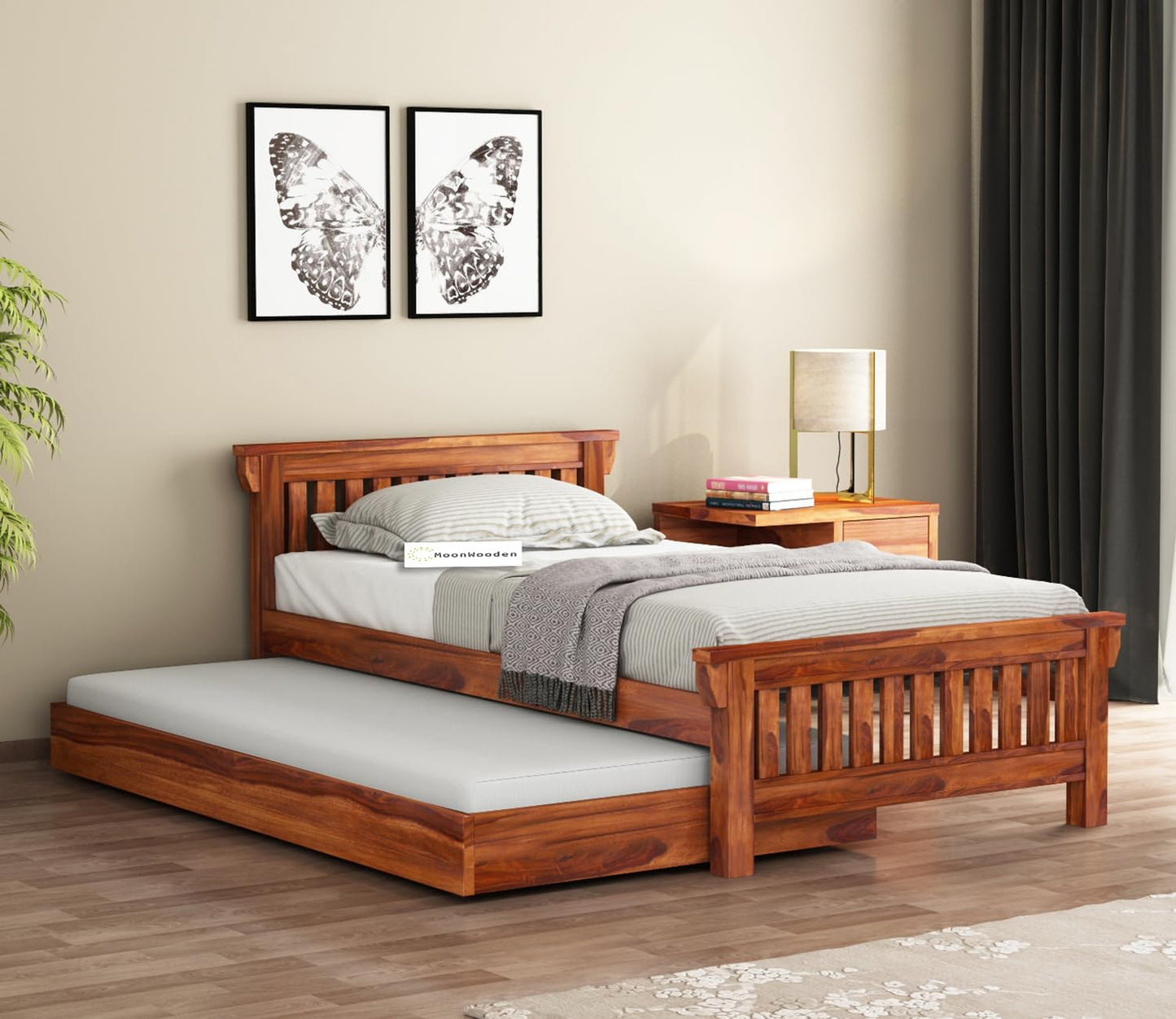 MoonWooden Solid Sheesham Wood Single Bed with Drawer Storage - Elegant and Functional Bedroom Furniture (Honey Finish)