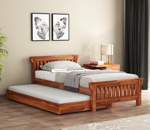 MoonWooden Solid Sheesham Wood Single Bed with Drawer Storage - Elegant and Functional Bedroom Furniture (Honey Finish)