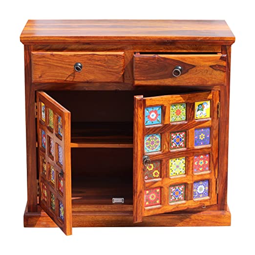 MoonWooden Blue Pottery Pattern Ceramic Tilic Two Drawer & Two Door with Two Shelves in Each Box Sideboard Cabinet in Natural Honey Oak with Glossy Finished