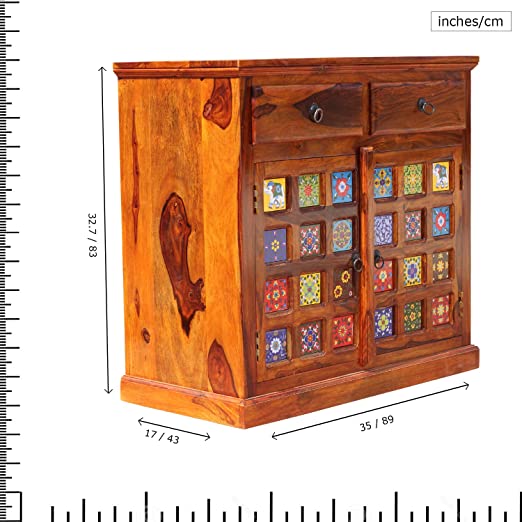 MoonWooden Blue Pottery Pattern Ceramic Tilic Two Drawer & Two Door with Two Shelves in Each Box Sideboard Cabinet in Natural Honey Oak with Glossy Finished