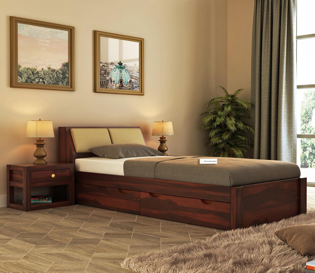 MoonWooden Solid Sheesham Wood Single Bed with Drawer Storage - Elegant and Functional Bedroom Furniture (Walnut Finish)