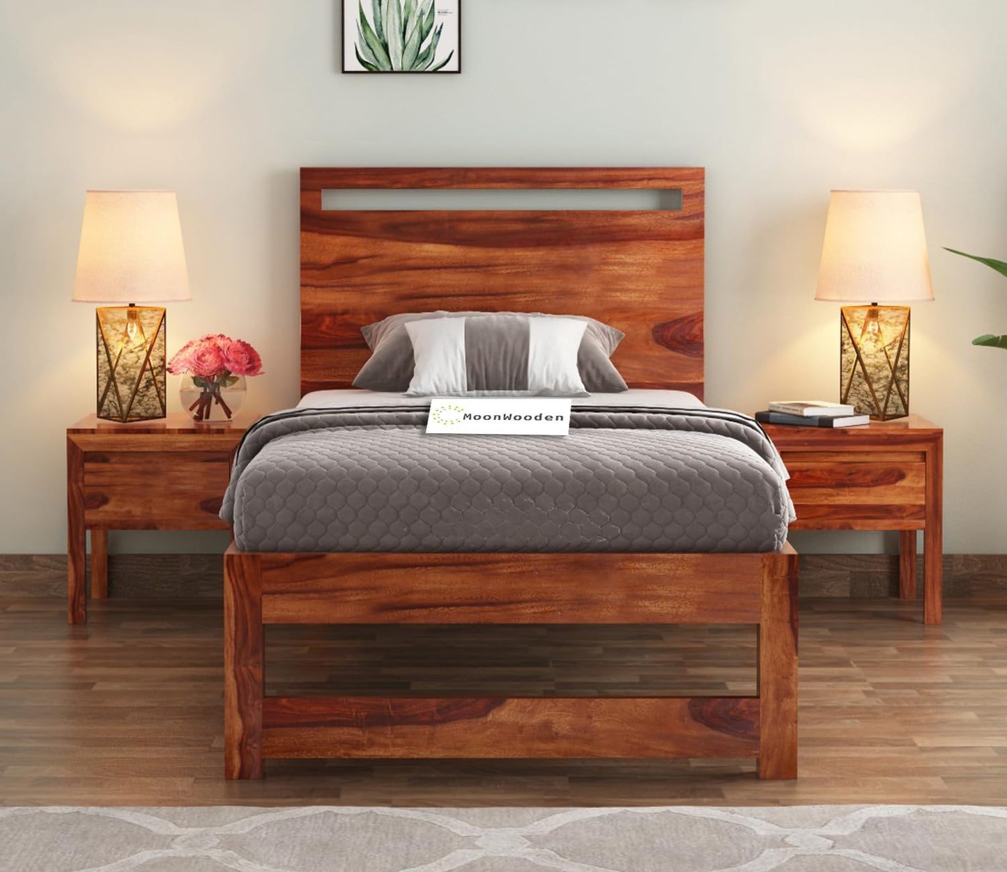 MoonWooden Sheesham Wood Single Size Bed Without Storage for Bedroom Living Room Home Wooden Palang for Hotel (Brown Finish)