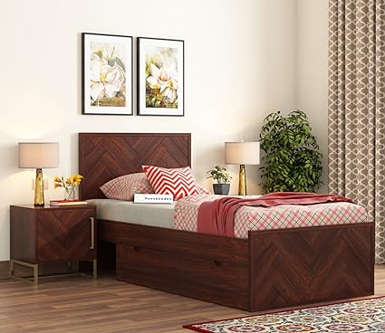 MoonWooden Solid Sheesham Wood Single Bed with Drawer Storage - Elegant and Functional Bedroom Furniture - Walnut Finish