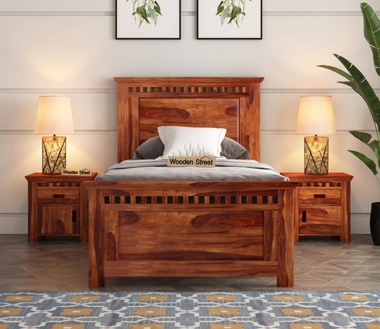 MoonWooden Sheesham Wood Single Size Bed Without Storage for Bedroom Living Room Home Wooden Palang for Hotel (Brown Finish)