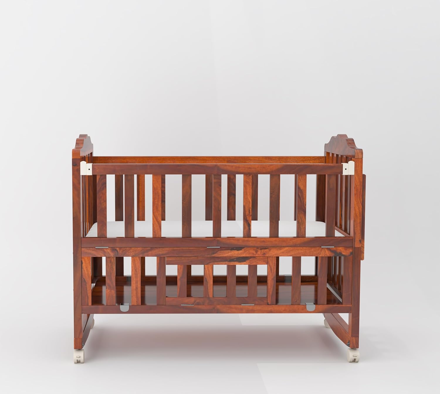 MoonWooden Solid Sheesham Wood Wooden Baby Cot Extendable Swinging Bed | Soft Padded Mattress with 360 Rotation for 0-4 Years Kids | Multi-Feature Baby Bed with Extra Storage Space | Attach to Parent