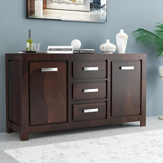 MoonWooden Sheesham Wood Sideboard Tv Cabinet for Living Room | Kitchen Storage Standing Movable Tv Unit Side Board Table with 3 Drawers, Door Cabinet & Shelf Storage Furniture for Home | Solid Wood Sideboard Cabinet With Walnut Finish