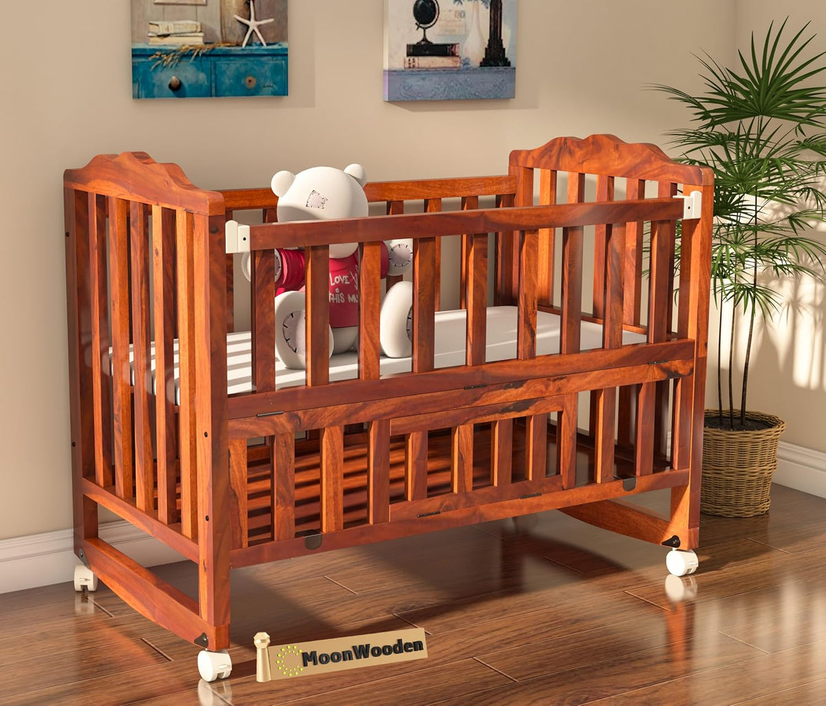 MoonWooden Solid Sheesham Wood Wooden Baby Cot Extendable Swinging Bed | Soft Padded Mattress with 360 Rotation for 0-4 Years Kids | Multi-Feature Baby Bed with Extra Storage Space | Attach to Parent