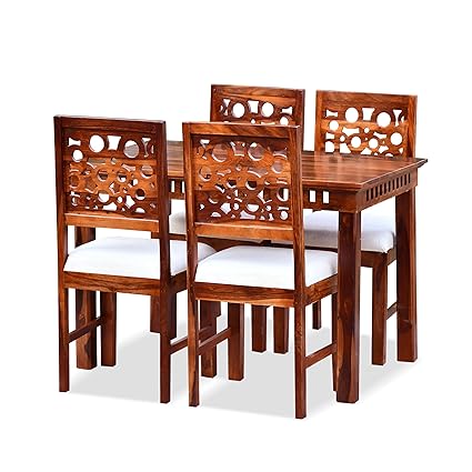 MoonWooden Solid Wood 4 Seater Dining Table Set with 4 Chair for Home & Office Furniture| Hotel & Dinner | Drawing Room Furniture with Honey Finish