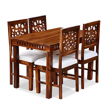 MoonWooden Solid Wood 4 Seater Dining Table Set with 4 Chair for Home & Office Furniture| Hotel & Dinner | Drawing Room Furniture with Honey Finish