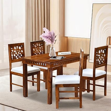 MoonWooden Solid Wood 4 Seater Dining Table Set with 4 Chair for Home