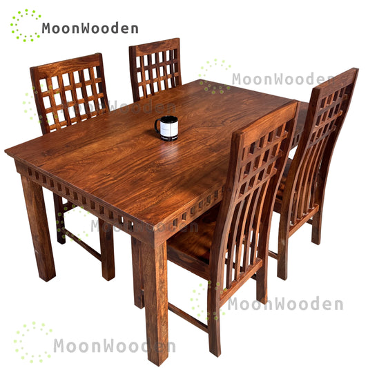 MoonWooden Solid Wood 4 Seater Dining Table Set with 4 Chair for Home & Office Furniture| Hotel & Dinner | Drawing Room Furniture,With Honey Finish