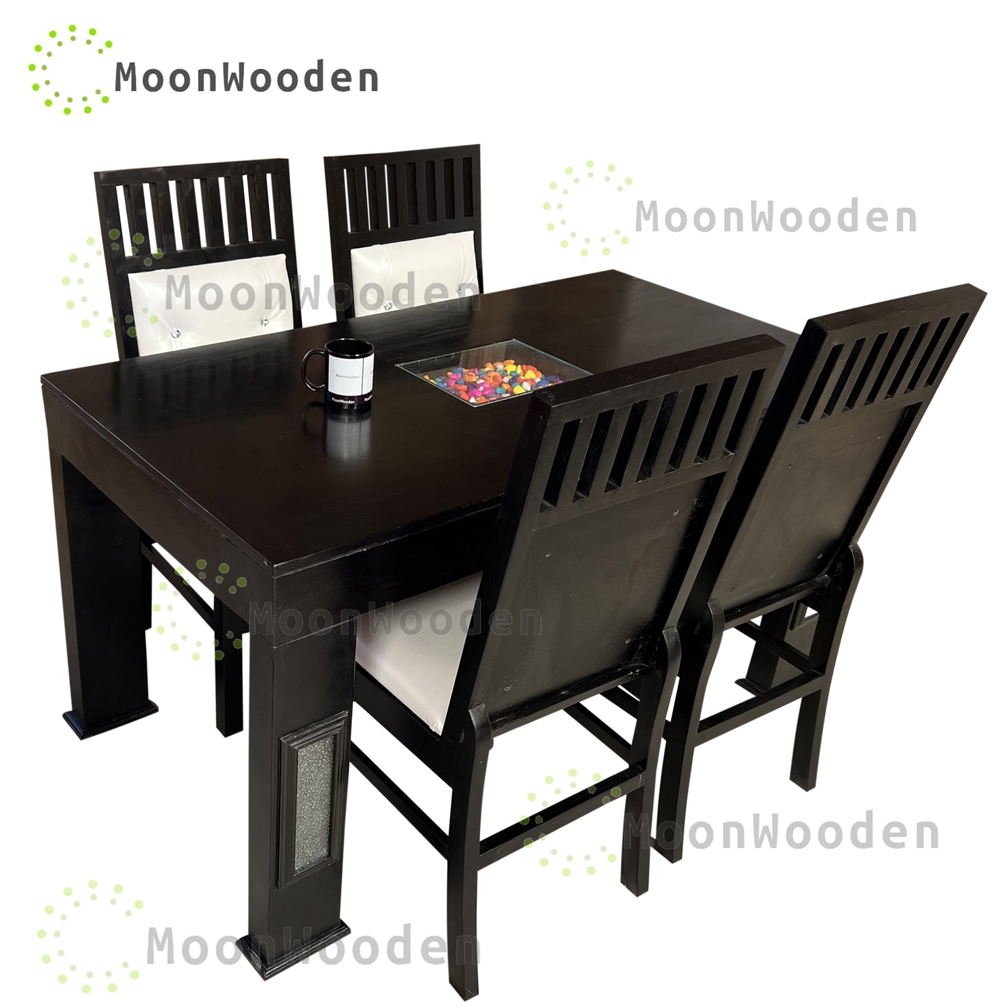 MoonWooden Sheesham Wood Dining Table 4 Seater Dining Table with Chair || Dining Table Set || Dining Room Set || Four Seater Dining Set | 4 Seater,With Black Shine Finish