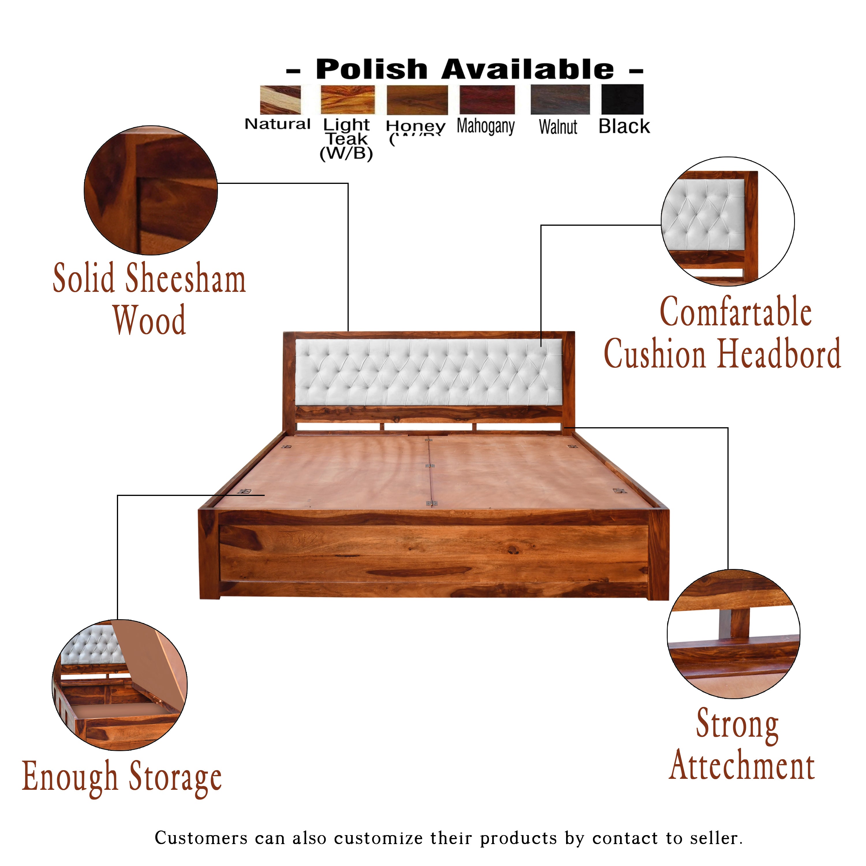 MoonWooden Sheesham Queen Size Bed for Bedroom, Solid Wood Double Bed Cot with Box Storage, Honey Finish