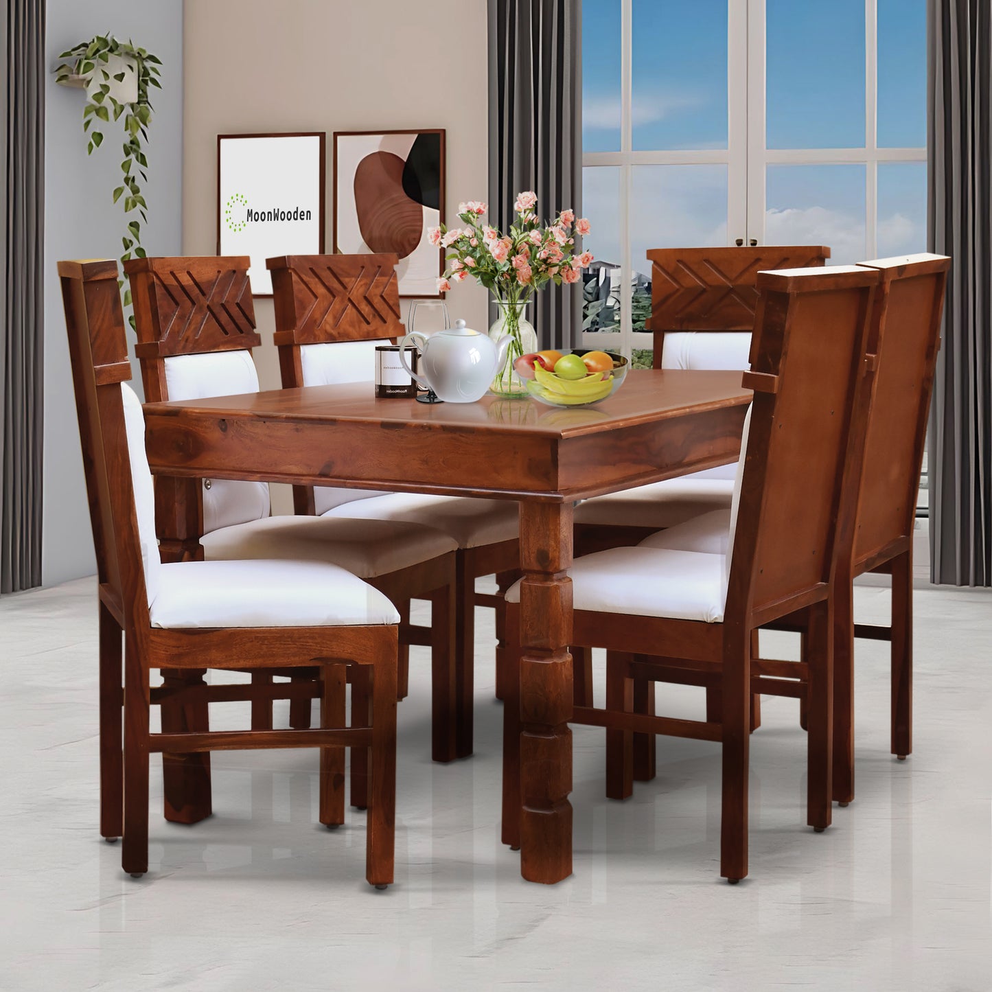 MoonWooden Solid Wood 6 Seater Dining Table Set with 6 Chair for Home & Office Furniture| Hotel & Dinner | Drawing Room Furniture with Honney Finish