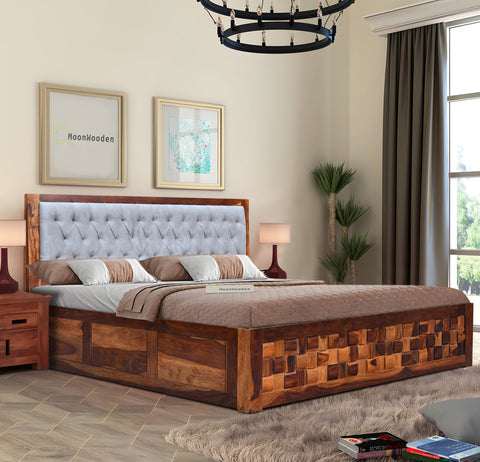 MoonWooden Solid Sheesham Wood King Size Double Bed Cot Bed with Box