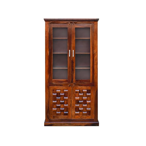 MoonWooden Sheesham Wood Crockery Cabinet with Glass Door | Wooden Book Shelf Cabinet with Storage Rack with Door for Home | Office Living Room (Honey)